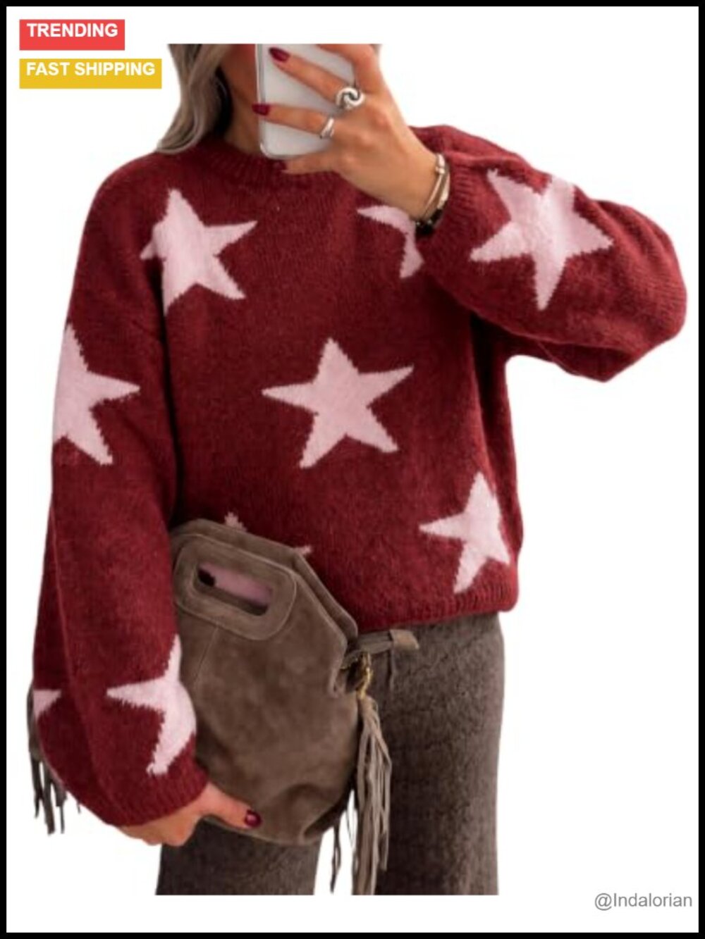 Star Print Pullover Sweater Crew Neck Long Sleeve Loose Fit Casual Knit Top